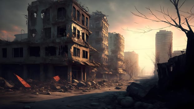 city after longterm war, ground level view, neural network generated art. Digitally generated image. Not based on any actual person, scene or pattern.