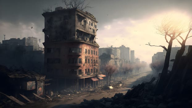 city after longterm war, ground level view, neural network generated art. Digitally generated image. Not based on any actual person, scene or pattern.