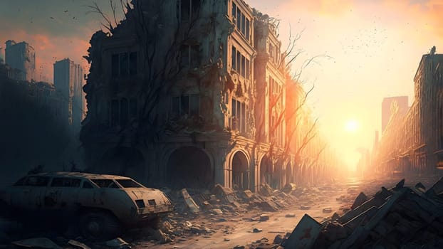 city after longterm war, ground level view, neural network generated art. Digitally generated image. Not based on any actual person, scene or pattern.