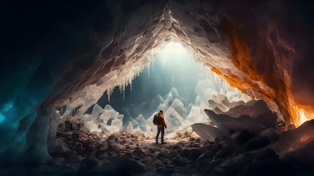 human figure in large glowing crystal cave, neural network generated art. Digitally generated image. Not based on any actual person, scene or pattern.