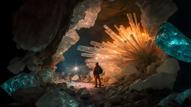 human figure in large glowing crystal cave, neural network generated art. Digitally generated image. Not based on any actual person, scene or pattern.