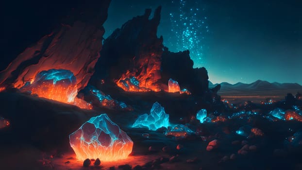 rocky alien crystal covered planet night landscape, neural network generated art. Digitally generated image. Not based on any actual person, scene or pattern.