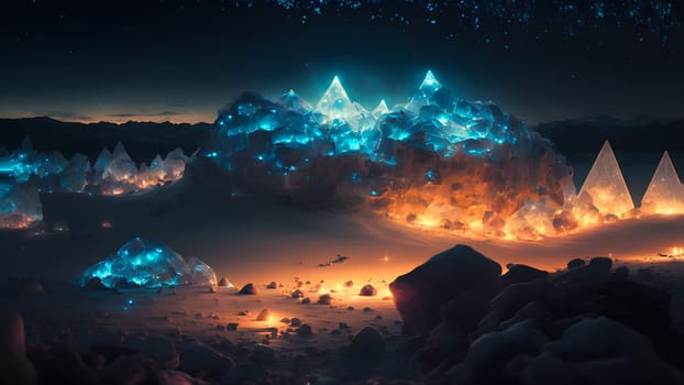 rocky alien crystal covered planet night landscape, neural network generated art. Digitally generated image. Not based on any actual person, scene or pattern.