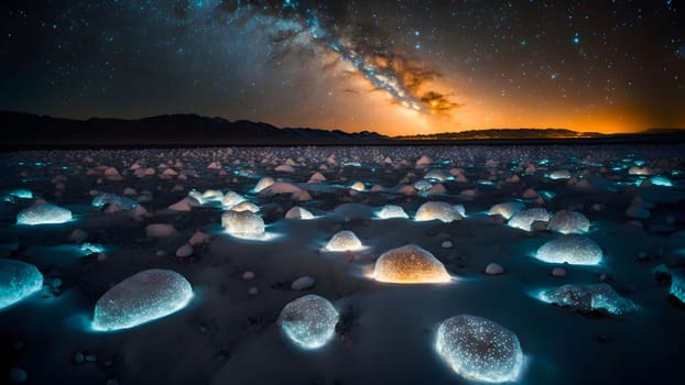 rocky alien crystal covered planet night landscape, neural network generated art. Digitally generated image. Not based on any actual person, scene or pattern.