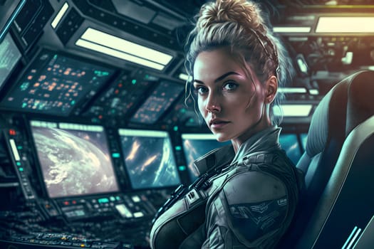 30 years old woman as captain of a spaceship, sitting in the command center, sci-fi, neural network generated art. Digitally generated image. Not based on any actual person or scene.