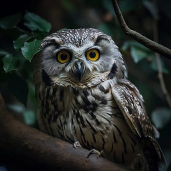 With its majestic appearance and keen eyesight, an owl surveys the forest floor, a beautiful creature of the wild. AI Generative.