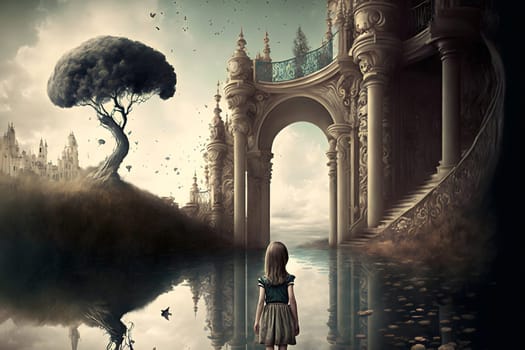 little girl in front of surreal dreamscape with castle arch, stairway and lone tree, neural network generated art. Digitally generated image. Not based on any actual person, scene or pattern.