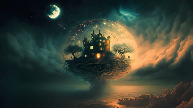 surreal night dreamscape of floating bubble with castle on it, neural network generated art. Digitally generated image. Not based on any actual person, scene or pattern.