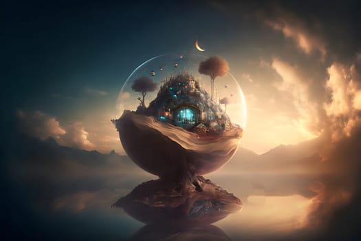 surreal morning dreamscape of floating bubble with castle on it, neural network generated art. Digitally generated image. Not based on any actual person, scene or pattern.