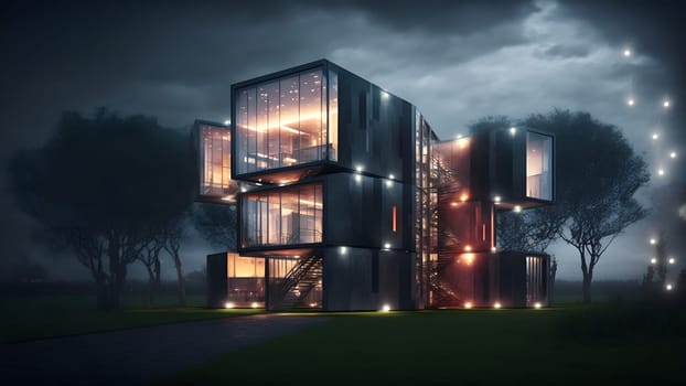 Experimental architecture design, creative, visualization with evening illumination, neural network generated art. Digitally generated image. Not based on any actual person, scene or pattern.