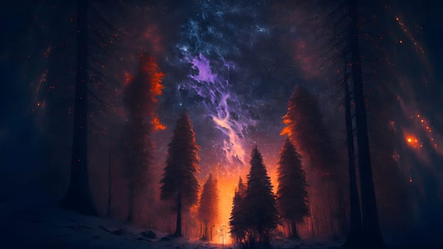 fantastic summer night forest with stars and nebulas, neural network generated art. Digitally generated image. Not based on any actual person, scene or pattern.