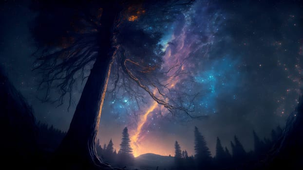 fantastic summer night forest with stars and nebulas, neural network generated art. Digitally generated image. Not based on any actual person, scene or pattern.