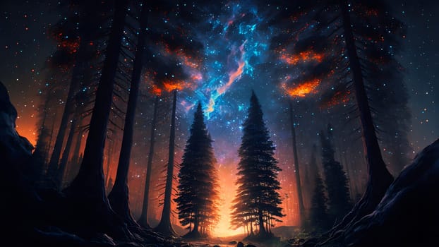 fantastic summer night forest with stars and nebulas, neural network generated art. Digitally generated image. Not based on any actual person, scene or pattern.