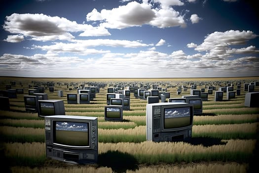 field covered with old analog tv sets at summer daylight, neural network generated art. Digitally generated image. Not based on any actual person, scene or pattern.