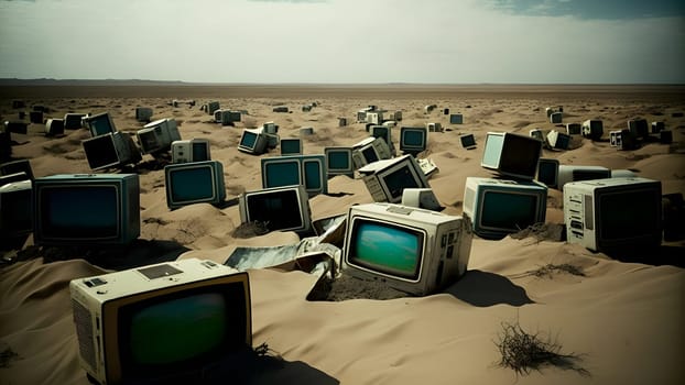 desert covered with old analog tv sets at summer daylight, neural network generated art. Digitally generated image. Not based on any actual person, scene or pattern.