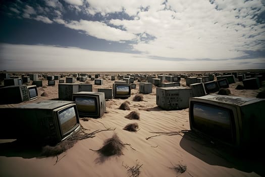 desert covered with old analog tv sets at summer daylight, neural network generated art. Digitally generated image. Not based on any actual person, scene or pattern.