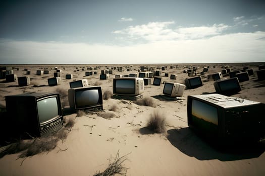 desert covered with old analog tv sets at summer daylight, neural network generated art. Digitally generated image. Not based on any actual person, scene or pattern.