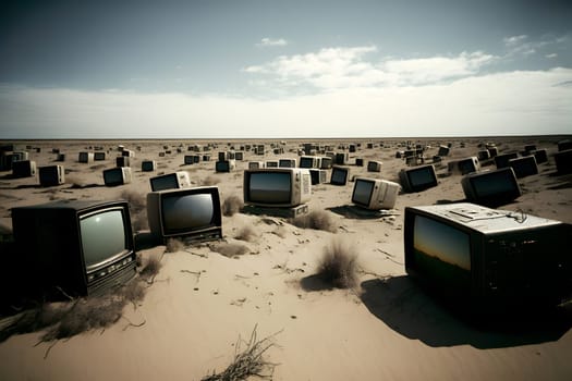 desert covered with old analog tv sets at summer daylight, neural network generated art. Digitally generated image. Not based on any actual person, scene or pattern.