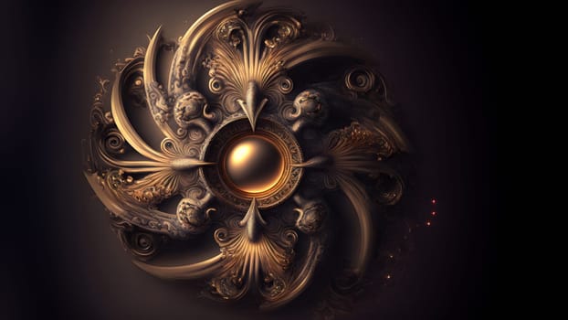 strange ornament around shiny round dome button, neural network generated art. Digitally generated image. Not based on any actual person, scene or pattern.