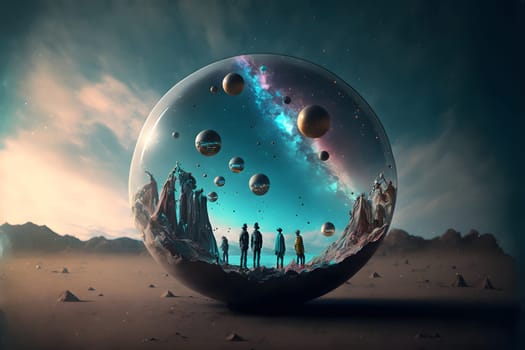 surreal landscape with another dimension portal with group of people looking at starry sky, neural network generated art. Digitally generated image. Not based on any actual person, scene or pattern.