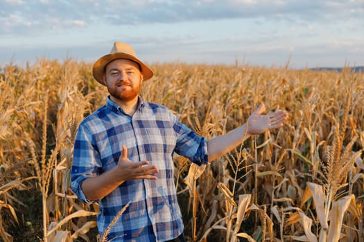 Smiling farmer with straw hat shows corn harvest in field. High quality photo