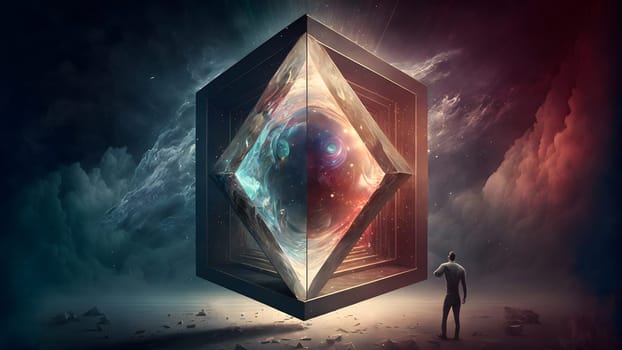 portal into fifth dimension space as dimond-shaped entity hovering above the ground, neural network generated art. Digitally generated image. Not based on any actual person, scene or pattern.