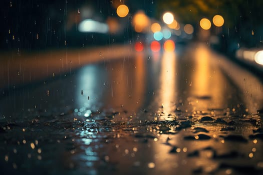 heavy rain on the asphalt road, nightime, close up, neural network generated art. Digitally generated image. Not based on any actual person, scene or pattern.
