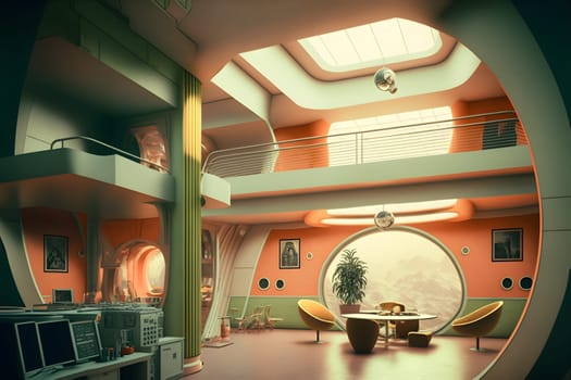 interior of utopian retrofuturistic moonbase, neural network generated art. Digitally generated image. Not based on any actual person, scene or pattern.