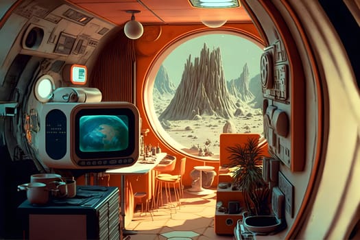 interior of utopian retrofuturistic moonbase, neural network generated art. Digitally generated image. Not based on any actual person, scene or pattern.