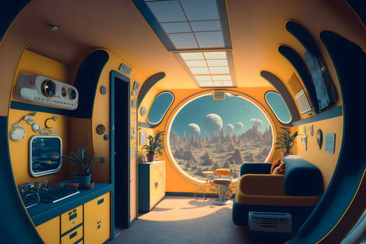 interior of utopian retrofuturistic moonbase, neural network generated art. Digitally generated image. Not based on any actual person, scene or pattern.