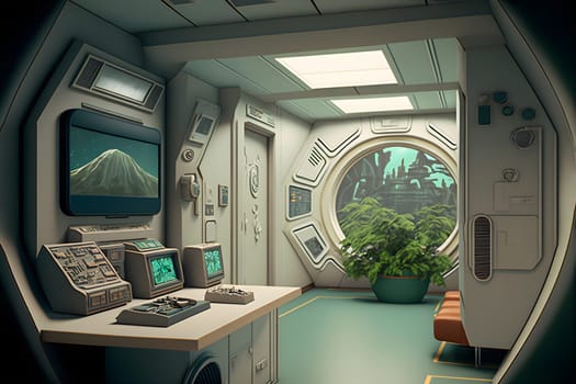 interior of utopian retrofuturistic moonbase, neural network generated art. Digitally generated image. Not based on any actual person, scene or pattern.