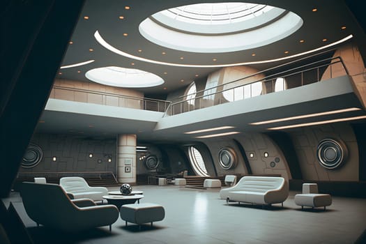 interior of utopian retrofuturistic moonbase, neural network generated art. Digitally generated image. Not based on any actual person, scene or pattern.