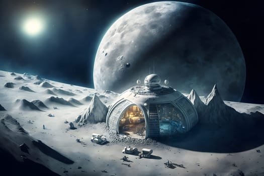 dome shaped habitat base on planet or moon surface, neural network generated art. Digitally generated image. Not based on any actual person, scene or pattern.