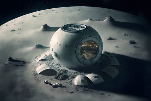 dome shaped habitat base on planet or moon surface, neural network generated art. Digitally generated image. Not based on any actual person, scene or pattern.