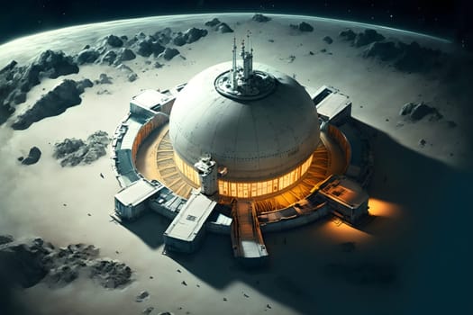 dome shaped habitat base on planet or moon surface, neural network generated art. Digitally generated image. Not based on any actual person, scene or pattern.