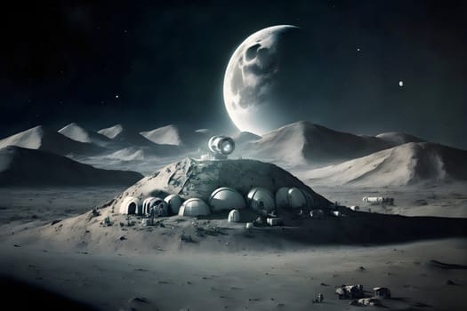 dome shaped habitat base on planet or moon surface, neural network generated art. Digitally generated image. Not based on any actual person, scene or pattern.
