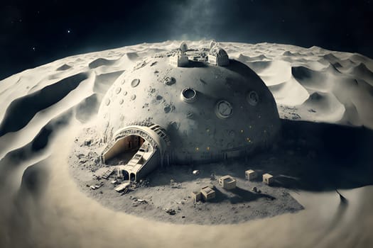 dome shaped habitat base on planet or moon surface, neural network generated art. Digitally generated image. Not based on any actual person, scene or pattern.