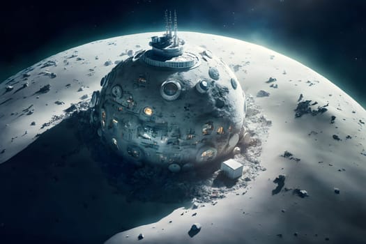 dome shaped habitat base on planet or moon surface, neural network generated art. Digitally generated image. Not based on any actual person, scene or pattern.