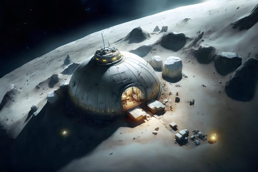 dome shaped habitat base on planet or moon surface, neural network generated art. Digitally generated image. Not based on any actual person, scene or pattern.