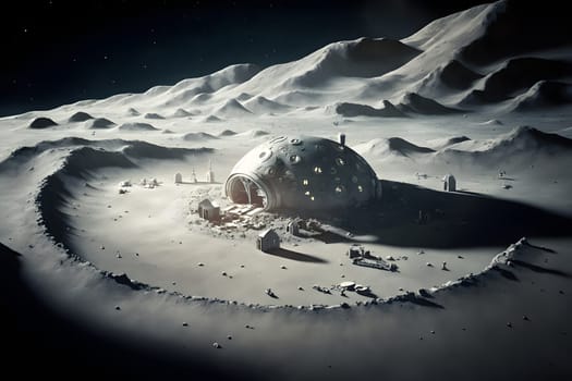 dome shaped habitat base on planet or moon surface, neural network generated art. Digitally generated image. Not based on any actual person, scene or pattern.