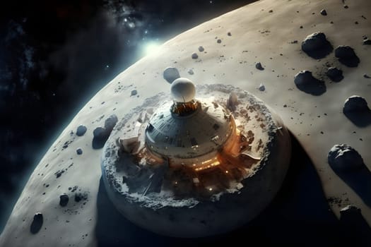 dome shaped habitat base on planet or moon surface, neural network generated art. Digitally generated image. Not based on any actual person, scene or pattern.