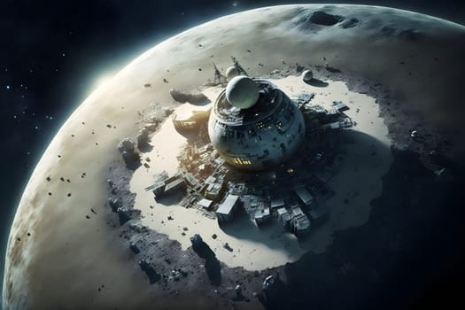 dome shaped habitat base on planet or moon surface, neural network generated art. Digitally generated image. Not based on any actual person, scene or pattern.