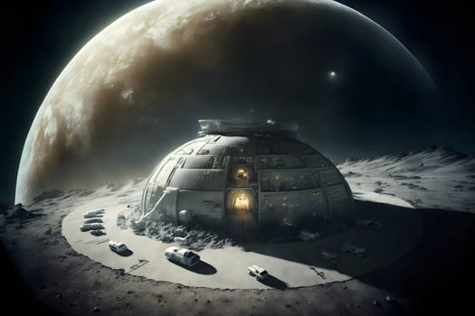 dome shaped habitat base on planet or moon surface, neural network generated art. Digitally generated image. Not based on any actual person, scene or pattern.