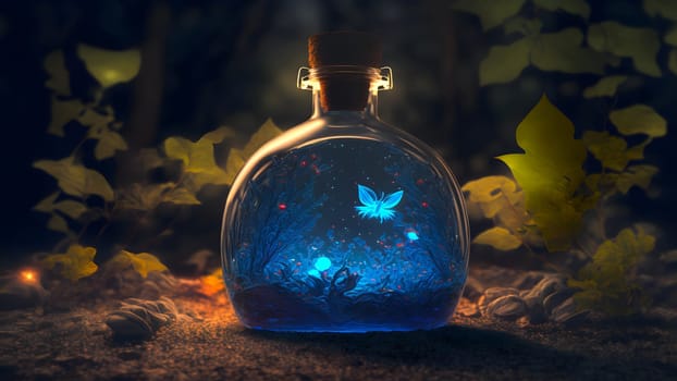 glowing potion bottle with magic butterfly inside on night forest ground, neural network generated art. Digitally generated image. Not based on any actual person, scene or pattern.