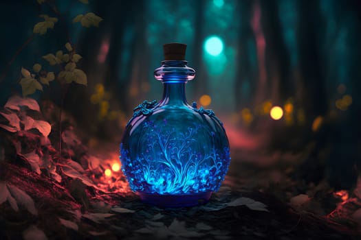 glowing potion bottle on night forest ground, neural network generated art. Digitally generated image. Not based on any actual person, scene or pattern.