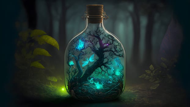 glowing potion bottle with magic tree inside on night forest ground, neural network generated art. Digitally generated image. Not based on any actual person, scene or pattern.