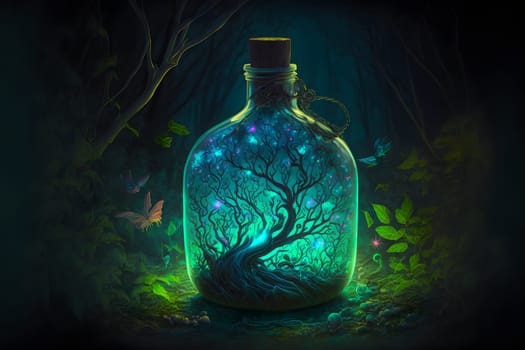 glowing potion bottle with magic tree inside on night forest ground, neural network generated art. Digitally generated image. Not based on any actual person, scene or pattern.