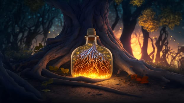 glowing potion bottle with magic tree inside on night forest ground, neural network generated art. Digitally generated image. Not based on any actual person, scene or pattern.