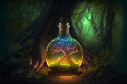 glowing potion bottle with magic tree inside on night forest ground, neural network generated art. Digitally generated image. Not based on any actual person, scene or pattern.