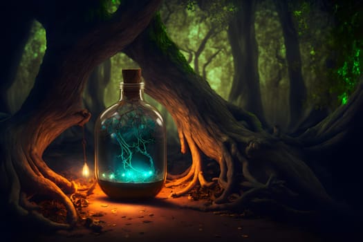 glowing potion bottle with magic tree inside on night forest ground, neural network generated art. Digitally generated image. Not based on any actual person, scene or pattern.